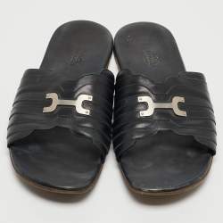 Hermes Black Leather Flat Slides Size 43.5  