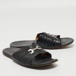 Hermes Black Leather Flat Slides Size 43.5  