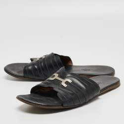Hermes Black Leather Flat Slides Size 43.5  