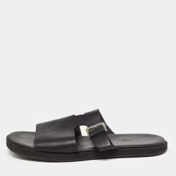 Hermes Black Leather Double Strap Slides Size 43