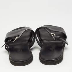 Hermes Black Leather Double Strap Slides Size 43