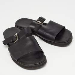 Hermes Black Leather Double Strap Slides Size 43