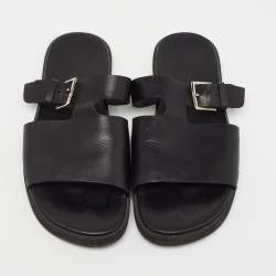 Hermes Black Leather Double Strap Slides Size 43