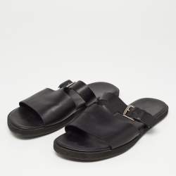 Hermes Black Leather Double Strap Slides Size 43
