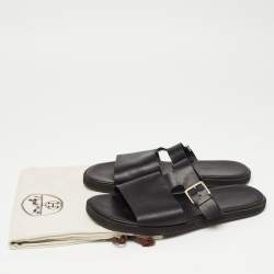 Hermes Black Leather Double Strap Slides Size 43