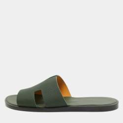 Hermes Green Leather Izmir Flat Slides Size 42