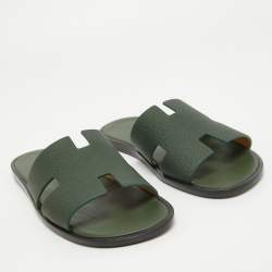 Hermes Green Leather Izmir Flat Slides Size 42