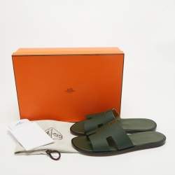 Hermes Green Leather Izmir Flat Slides Size 42