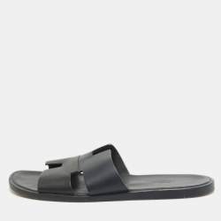 Hermes Navy Blue/Black Leather Izmir Slides Size 44