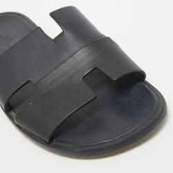 Hermes Navy Blue/Black Leather Izmir Slides Size 44
