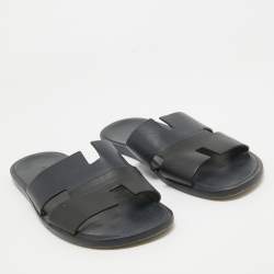 Hermes Navy Blue/Black Leather Izmir Slides Size 44