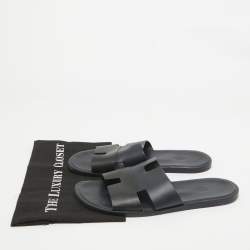 Hermes Navy Blue/Black Leather Izmir Slides Size 44