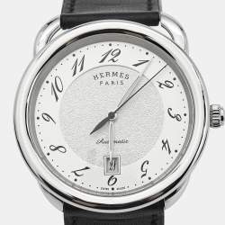 Pre Owned Hermes Silver Dial Stainless Steel Leather Arceau AR7.710 Men's Wristwatch 41 mm