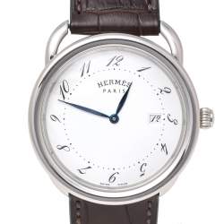 Hermes Silver Stainless Steel Leather Arceau AR5.710A Men's Wristwatch 38 mm