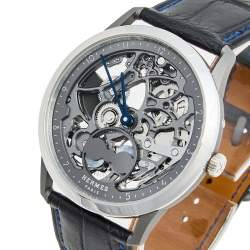 Hermes Grey Skeleton Titanium Platinum Alligator Leather Slim d'Hermes Squelette Lune W053606WW00 Men's Wristwatch 39.50 mm