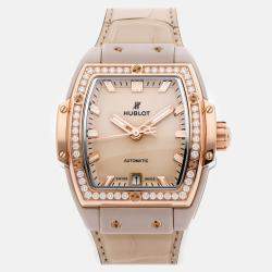 Pre-Owned Hublot Spirit Of Big Bang Beige Ceramic King Gold Diamonds 665.CZ.898B.LR.1204 39 mm