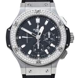 Pre Owned Hublot Black Stainless Steel Diamonds Big Bang Chronograph Men's Wristwatch 44MM