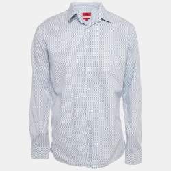 Pre Owned Hugo Boss White/Blue Printed Cotton Slim Line Shirt L