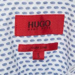 Pre Owned Hugo Boss White/Blue Printed Cotton Slim Line Shirt L
