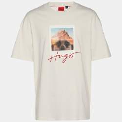 Pre Owned Hugo Boss Cream Jersey Logo Embroidered T-Shirt L
