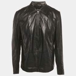 Pre Owned جاكت بوس باي هوغو بوس جلد أسود بسحاب أمامي كبير جدا