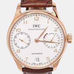 IWC Schaffhausen Silver 18K Rose Gold Alligator Leather Portuguese IW5001-01 Men's Wristwatch 42.30 mm