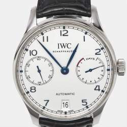 IWC Schaffhausen Silver Stainless Steel Alligator Leather Portugieser IW500705 Men's Wristwatch 42.30 mm
