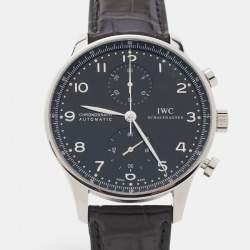 Pre Owned IWC Schaffhausen Black Stainless Steel Alligator Leather Portugieser IW371447 Men's Wristwatch 40.90 mm