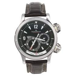 Jaeger LeCoultre Black Stainless Steel Leather Geographic Master Compressor 146.8.83 Men's Wristwatch  41 mm