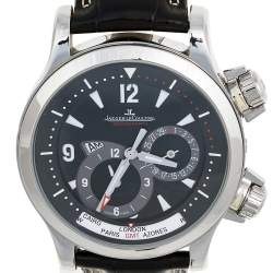 Jaeger LeCoultre Black Stainless Steel Leather Geographic Master Compressor 146.8.83 Men's Wristwatch  41 mm