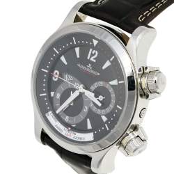 Jaeger LeCoultre Black Stainless Steel Leather Geographic Master Compressor 146.8.83 Men's Wristwatch  41 mm