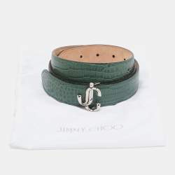 Pre Owned Jimmy Choo Green Croc Embossed Leather JC Logo Belt 90CM