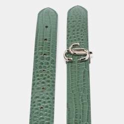 Pre Owned Jimmy Choo Green Croc Embossed Leather JC Logo Belt 90CM