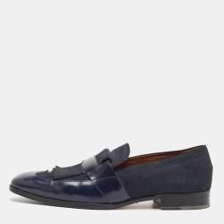 Jimmy Choo Navy Blue Leather and Denim Loafers Size 45