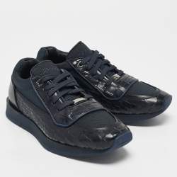 Jimmy Choo Navy Blue Canvas and Croc Embossed Leather Jett Sneakers Size 41.5