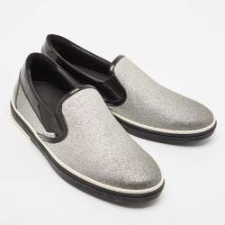 Jimmy Choo Black/Silver Patent Leather and Glitter Slip On Sneakers Size 44