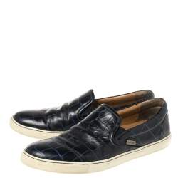 Jimmy Choo Navy Blue Croc Embossed Leather Slip On Sneakers Size 42