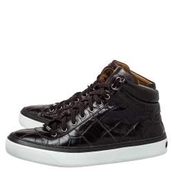 Pre Owned Jimmy Choo Brown Crocodile Embossed Leather Belgravia High Top Sneakers Size 43