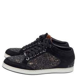 Jimmy Choo Black Glitter And Suede Miami Lace Up Sneakers Size 40