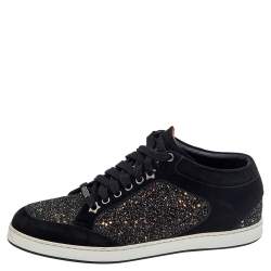 Jimmy Choo Black Glitter And Suede Miami Lace Up Sneakers Size 40