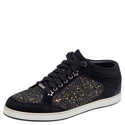 Jimmy Choo Black Glitter And Suede Miami Lace Up Sneakers Size 40