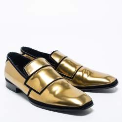 Jimmy Choo Gold Patent And Suede Slip On Loafers Size 46