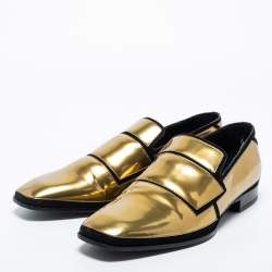 Jimmy Choo Gold Patent And Suede Slip On Loafers Size 46