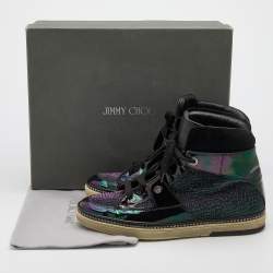 Jimmy Choo Black/Iridescent Patent Leather and Glitter Fabric Barlowe High Top Sneakers Size 42.5