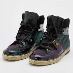 Jimmy Choo Black/Iridescent Patent Leather and Glitter Fabric Barlowe High Top Sneakers Size 42.5