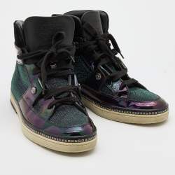Jimmy Choo Black/Iridescent Patent Leather and Glitter Fabric Barlowe High Top Sneakers Size 42.5