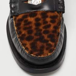 Jimmy Choo Black/Brown Leopard Print Calfhair and Leather Penny Loafers Size 39.5