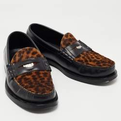 Jimmy Choo Black/Brown Leopard Print Calfhair and Leather Penny Loafers Size 39.5