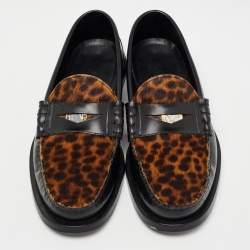 Jimmy Choo Black/Brown Leopard Print Calfhair and Leather Penny Loafers Size 39.5