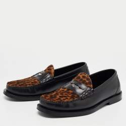 Jimmy Choo Black/Brown Leopard Print Calfhair and Leather Penny Loafers Size 39.5